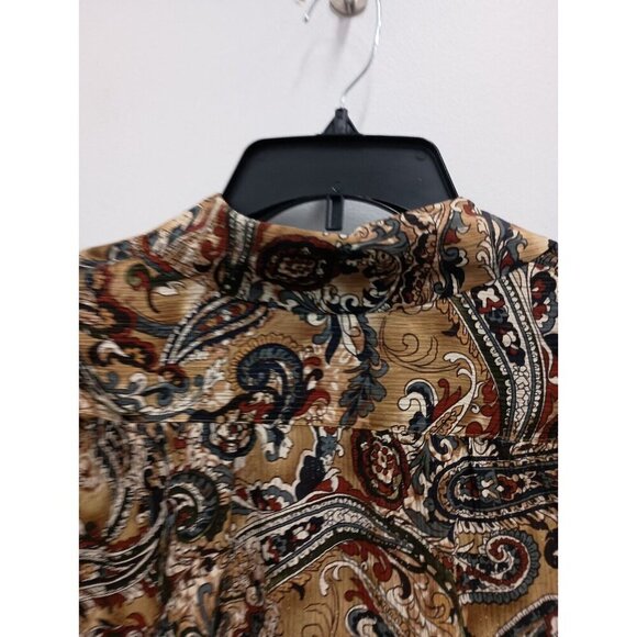 Talbots Womens Paisley Silk Top Size 6 Petite Brown Black Long Sleeve Button Up - Picture 8 of 9
